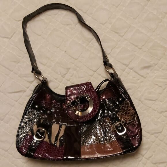 Y2K Leather Purse Purple Black Patchwork Style Over the Shoulder strap zipper - Picture 1 of 8